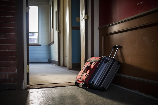 Foto rollkoffer in der nähe eines wohnungseingangs, reisebereit