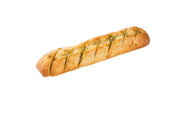 rollo de baguette de ajo sobre un fondo blanco