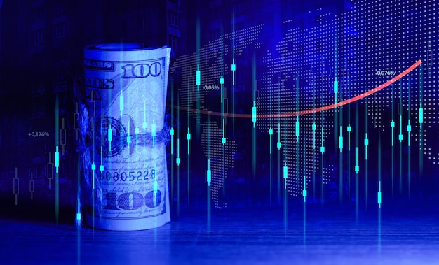 Foto rollo de billetes de cien dólares atados con una cuerda y un gráfico con tasas crecientes concepto de crecimiento de ingresos negocio rentable de alto margen