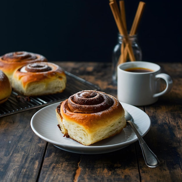 Un rollo de canela en la mesa de la cocina un pastel dulce y aromático para las redes sociales