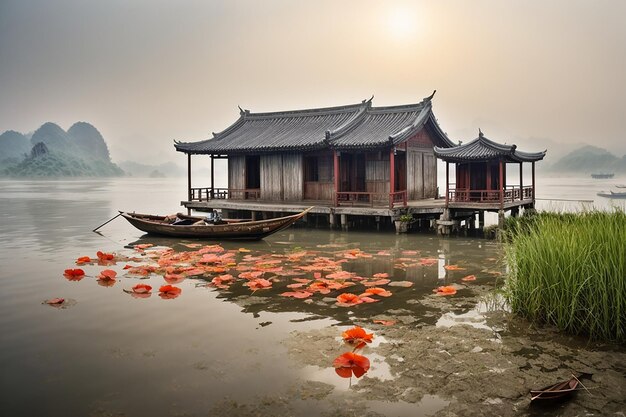 Rollo chino silenciado barco Ninh Binh sol rojo niebla a orillas del lago textura de papel de arroz composición perfecta