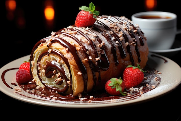 Rollo con crema de mantequilla cubierto de chocolate y nueces y decorado con fresas en un plato