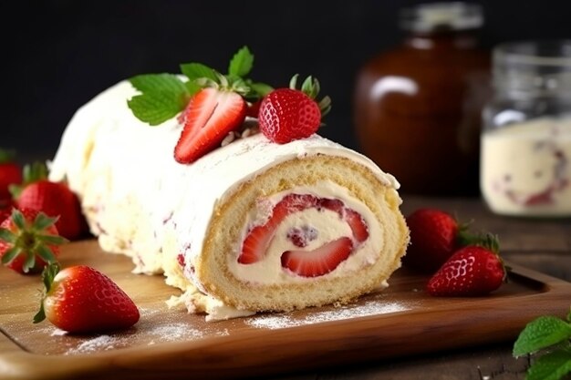 Rollo de delicioso pastel con fresas y crema en primer plano de tablero de madera generar ai