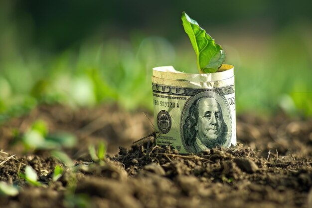 Un rollo de dinero con una planta creciendo fuera de él