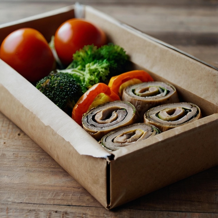 Rollo de envasado ecológico con verduras y setas en envases artesanales para el servicio de entrega