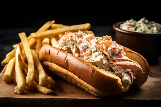 Foto rollo de langosta con una guarnición de papas fritas crujientes y ensalada de col cremosa