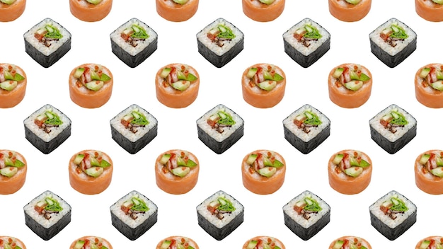 Rollo de maki de sushi en fondo de pantalla de fondo de plantilla de patrón de disparo de estudio blanco