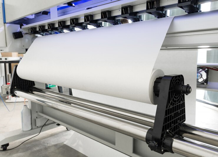 Foto rollo de papel en blanco en impresora de gran formato para máquinas de inyección de tinta para empresas industriales.