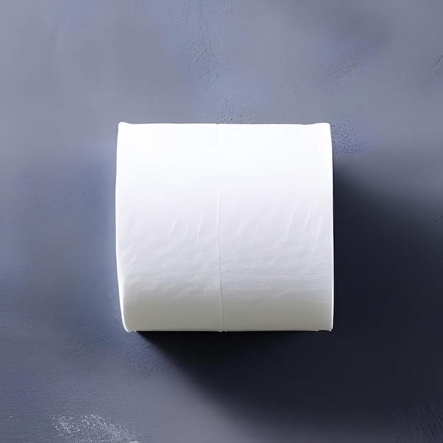 Un rollo de papel higiénico está sobre una superficie azul.