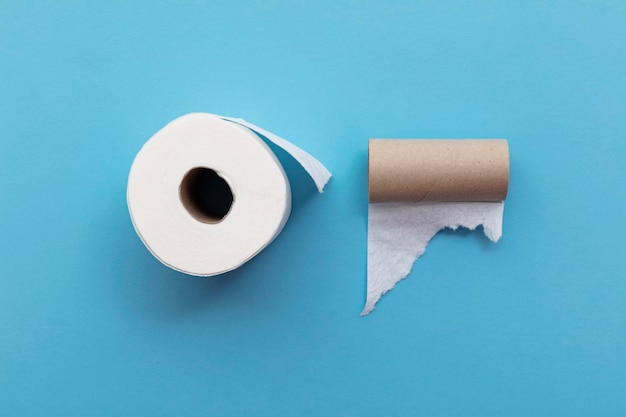Rollo de papel higiénico usado vacío junto a un rollo completo de papel higiénico