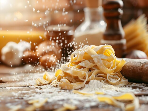 Rollo de pasta hecho a mano y harina escena tradicional de la cocina italiana