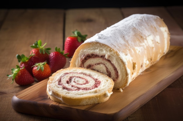 Foto un rollo de pastel de crema de fresa con fresas en una tabla de madera