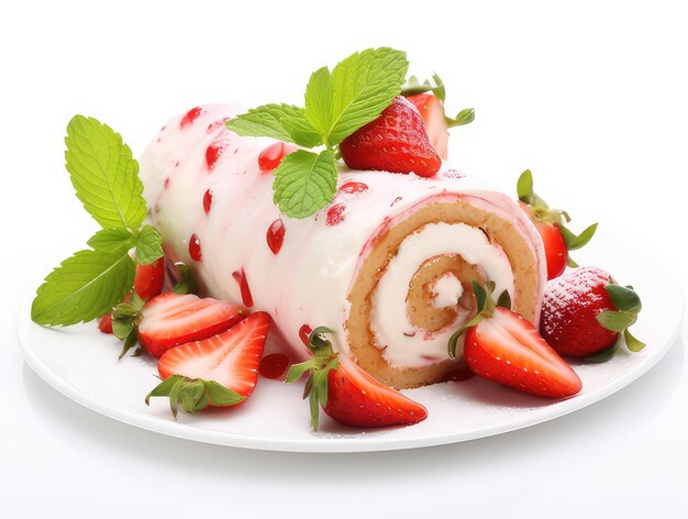 Rollo de pastel de fresa y hojita de menta en blanco