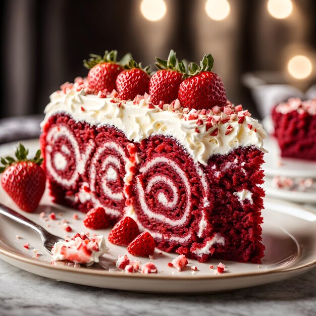 Rollo de pastel de terciopelo rojo con crema de fresas