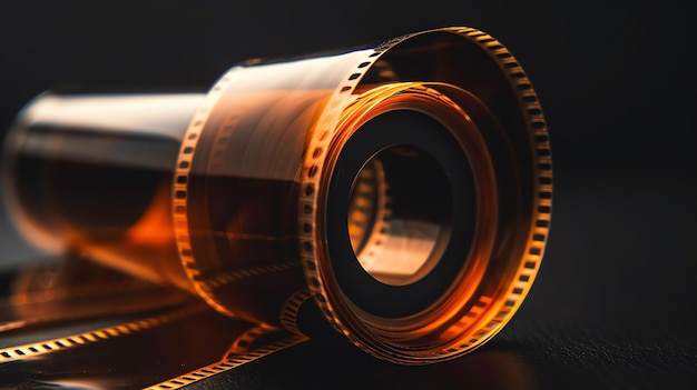 Un rollo de película sobre un fondo negro La película es naranja y tiene una superficie brillante La imagen está bien iluminada y enfocada