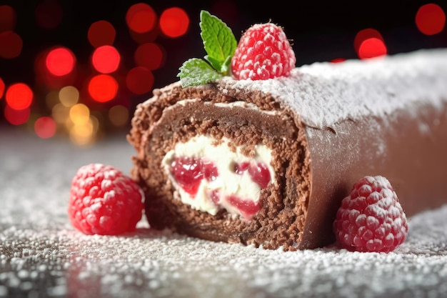 Rollo de postre navideño en una mesa bellamente decorada IA generativa