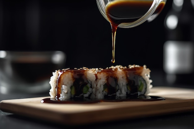 Un rollo de sushi bañado en salsa de soja ai generativo