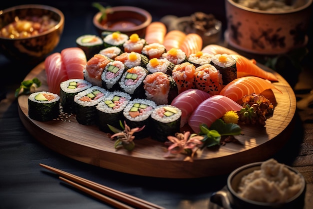 Un rollo de sushi y nigiri en un plato de madera