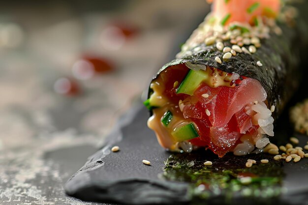 Un rollo de sushi con un pedazo de pepino y un pedazo De aguacate