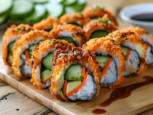 Foto un rollo de sushi con pepino y zanahorias en una tabla de madera