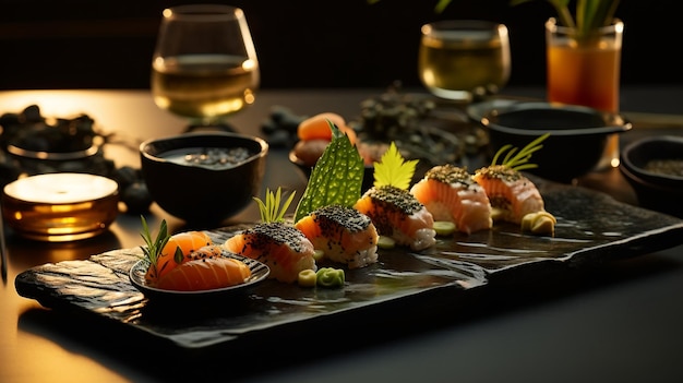 Rollo de sushi recién cocinado en una piedra negra