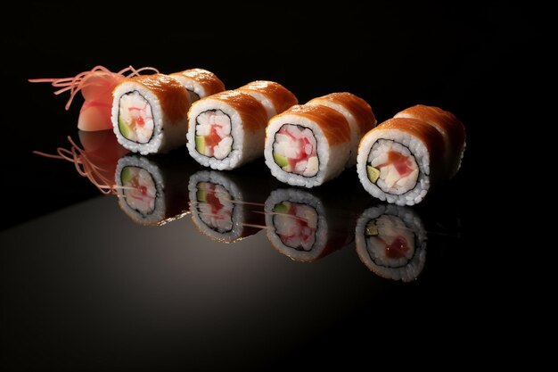 Un rollo de sushi en un reflejo de pared negra