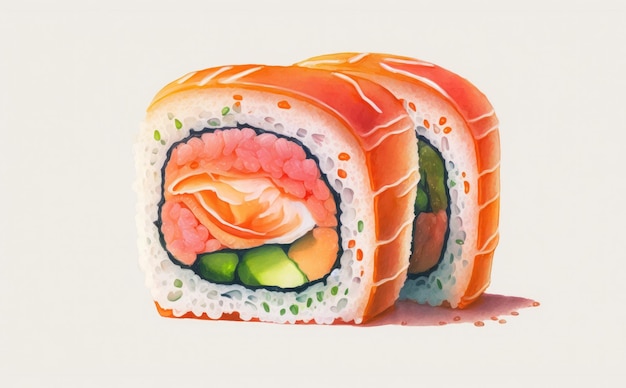 Un rollo de sushi de salmón dibujado sobre fondo blanco acuarela ilustraciones de mariscos orgánicos generado ai