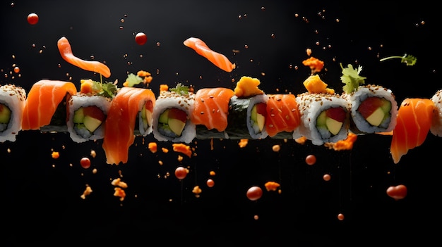 Foto un rollo de sushi con salmón sobre un fondo negro en el aire