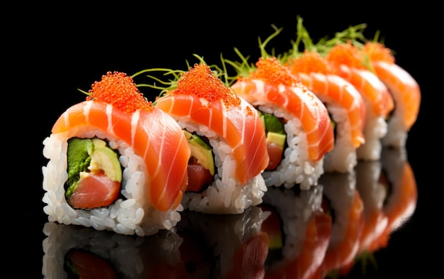 Rollo de sushi con salmón sobre fondo negro Comida japonesa AI Generative