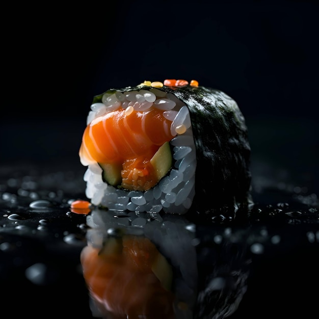 Rollo de sushi con salmón sobre un fondo negro con gotas de agua