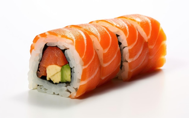 Un rollo de sushi sobre un fondo blanco