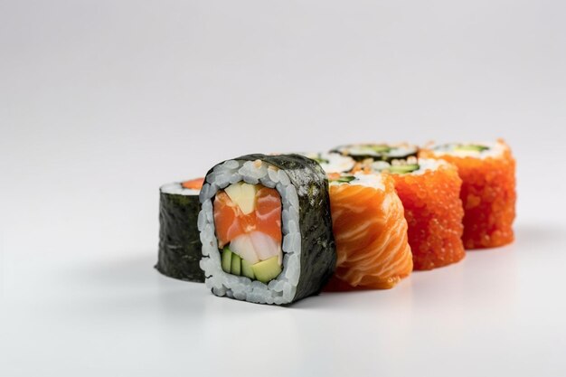 Foto rollo de sushi sobre fondo blanco.