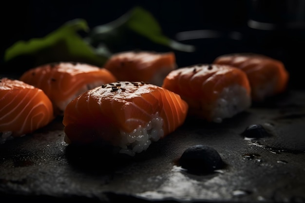 Rollo de sushi con tempura de salmón y gambas Red neuronal IA generada