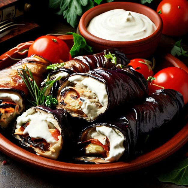 Rollos de berenjena a la parrilla al horno con tomates de requesón y cocina georgiana de crema agria