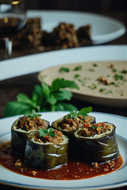 Rollos de berenjena rellenos con una pasta de nuez ajo y hierbas