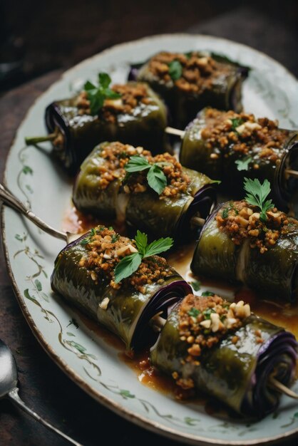 Rollos de berenjena rellenos con una pasta de nuez ajo y hierbas