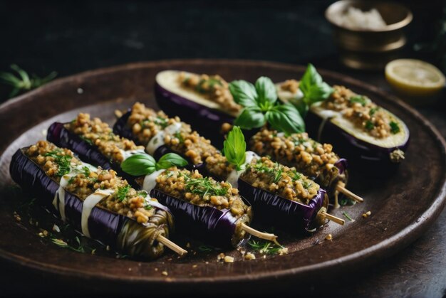 Foto rollos de berenjena rellenos con una pasta de nuez ajo y hierbas