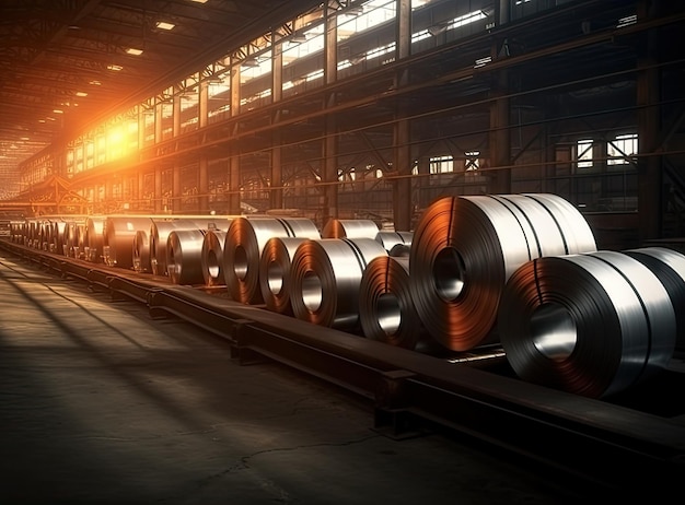 Rollos de chapa de acero galvanizado dentro de la fábrica o almacén creados con tecnología de IA generativa