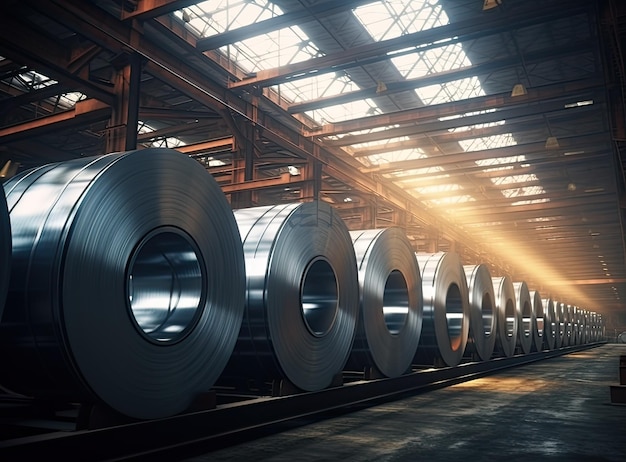 Rollos de chapa de acero galvanizado dentro de la fábrica o almacén creados con tecnología de IA generativa