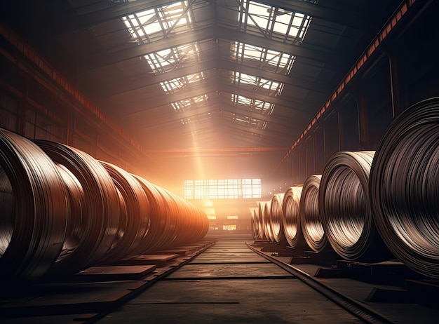 Rollos de chapa de acero galvanizado dentro de la fábrica o almacén creados con tecnología de IA generativa