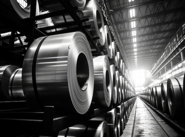 Rollos de chapa de acero galvanizado dentro de la fábrica o almacén creados con tecnología de IA generativa
