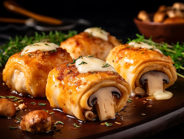 Rollos de frango francês com cogumelos e queijo