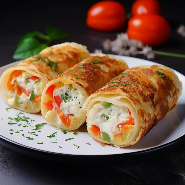 Foto rollos de omelete com mozzarella e legumes