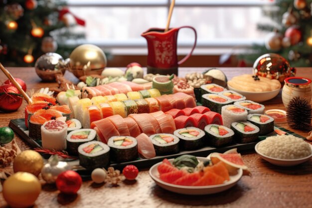 Rollos japoneses y sushi en una mesa festiva contra un fondo de árbol de Navidad