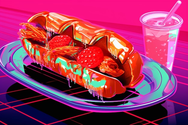 Rollos de langosta con efectos de glitch y texturas digitales audaces en un estilo futurista