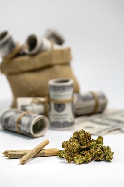 Rollos de marihuana seca y sacos de cáñamo de billetes de dólar.