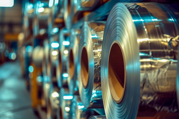 Rollos de papel de aluminio industrial almacenados en un almacén