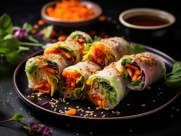 Rollos de papel de arroz vegano con verduras y semillas de sésamo