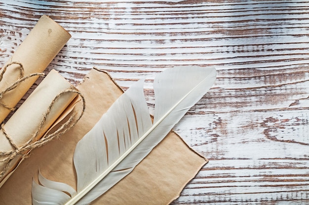 Rollos de papel con cordón de pergamino medieval pluma sobre tablero de madera vintage