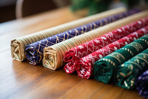 Rollos de papel de regalo con motivos festivos alineados sobre una mesa